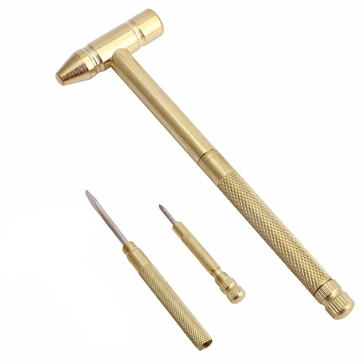 Dailygoods - Dailygoody - Messing Hammer - Multifunctionele Hamer Set - Ideaal voor Sieraden en Horloge Reparatie - Goud - Inclusief Schroevendraaiers - Compact en