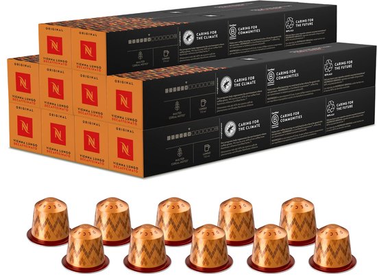Dozen en losse Nespresso Vienna Lungo Decaffeinato capsules. Diverse verpakkingen met duurzaamheidsinformatie.