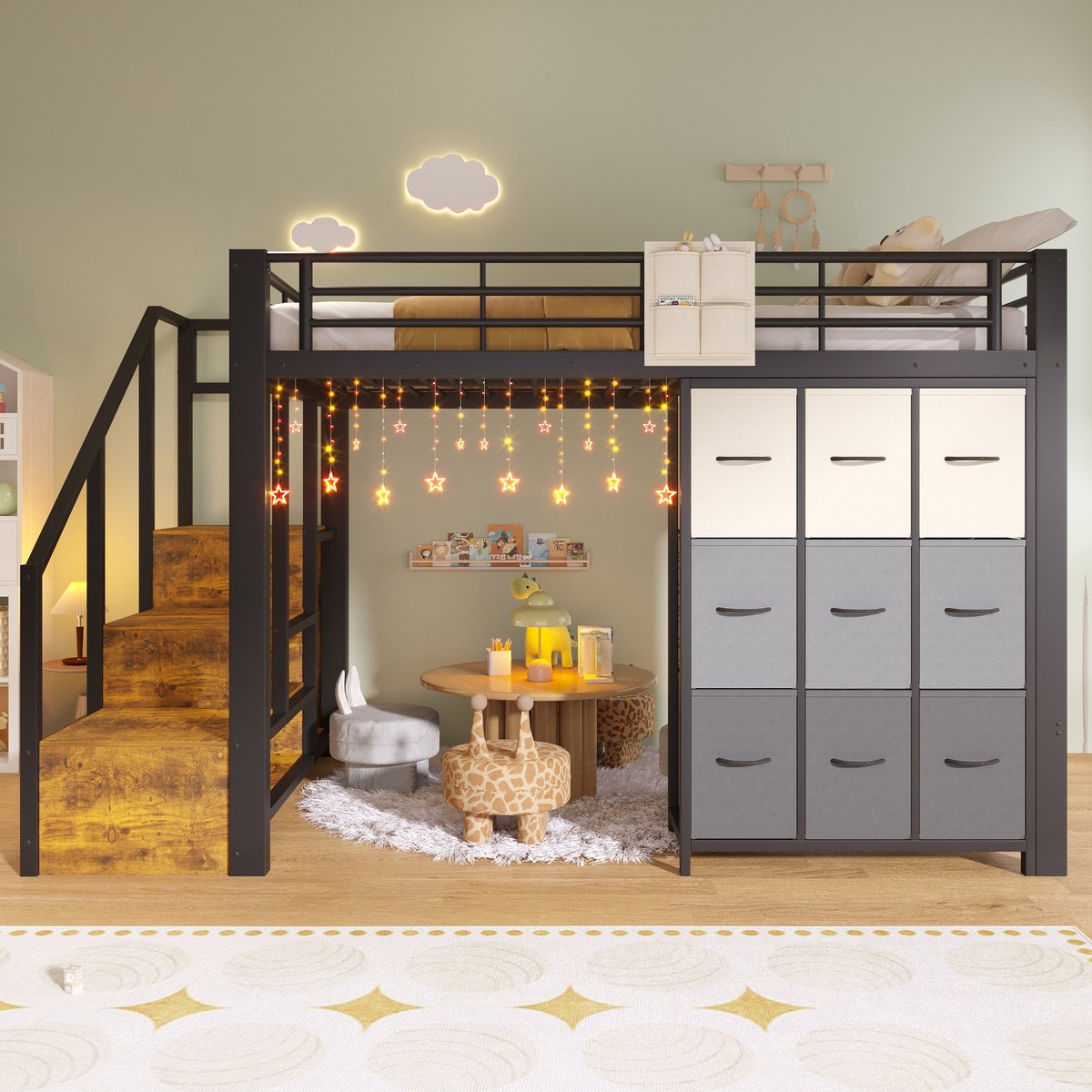VVBV Hoogslaper 140x200 / Hoogslaper met trap – Opbergtrap en Veiligheidshek – met Opbergruimte – Metaal – Zwart – Zonder Matras Black