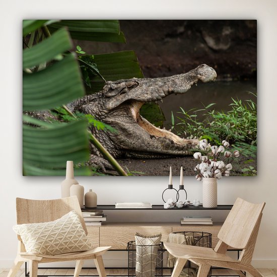 Canvas schilderij 180x120 cm - Wanddecoratie Krokodil met geopende bek - Muurdecoratie woonkamer - Slaapkamer decoratie - Kamer accessoires - Schilderijen op canvas