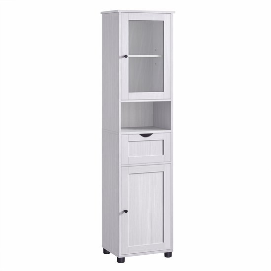 Hoge witte badkamerset met glazen deur bovenaan, een open vak, lade en gesloten deur onderaan.