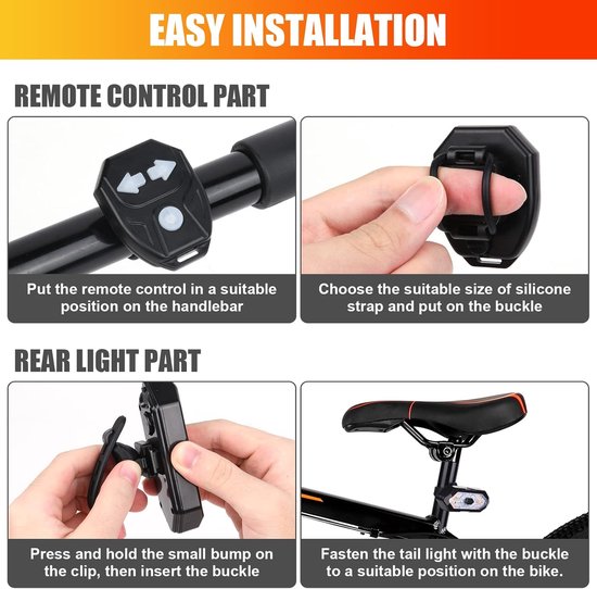 Achterlicht voor fiets - knipperlicht, fietsachterlicht met draadloze afstandsbediening, oplaadbaar, USB, schokbestendig, waterdicht, 5 verlichtingsmodi, achterverlichting voor fiets met — afbeelding 4