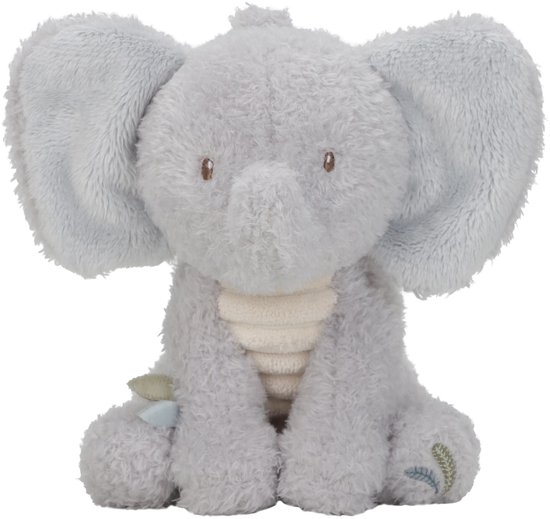 Un petit éléphant gris clair aux grandes oreilles, ventre beige et applications de feuilles vertes.