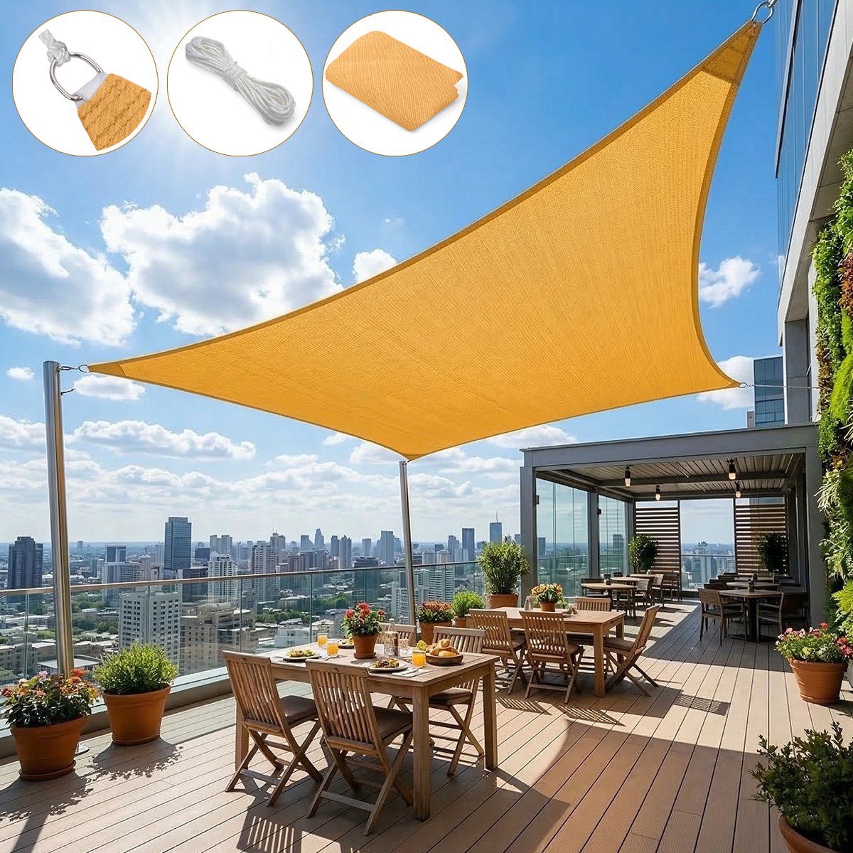 Qelus 200x200cm Schaduwdoek Waterdoorlatend - 180g/m² HDPE Ademend Zonnescherm voor Buiten - Geavanceerd Anti-Doorhang Ontwerp - 95% UV-Bescherming Zonnezeil met Roestvrijstalen D-Ringen - Inclusief Touw - Geel