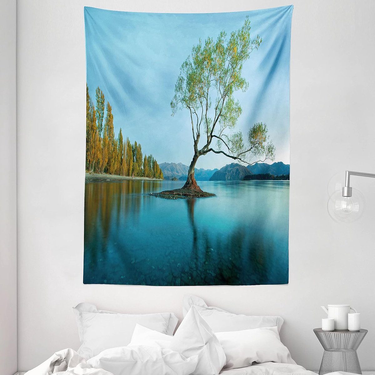ABAKUHAUS lentetapijt, Tree Lake natuurthema, woonkamer slaapkamer wanddoek zijdezacht satijn wandtapijt, 150 x 200 cm, varen Green Teal Varengroene Teal