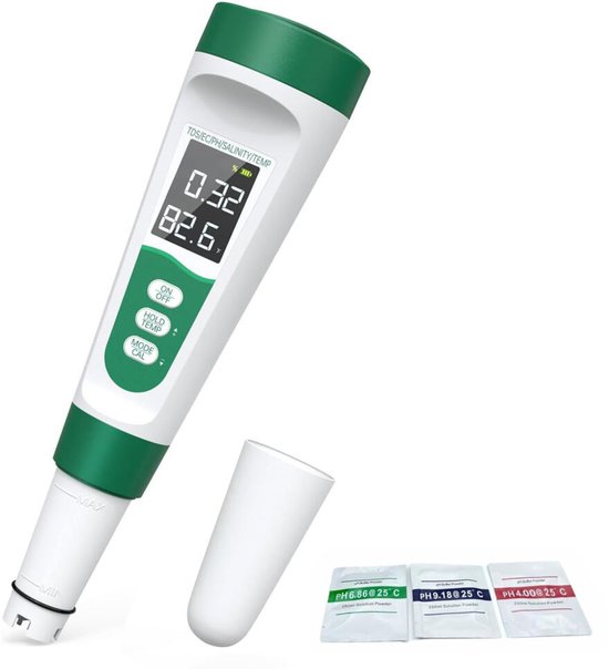5-in-1 Zwembadtester - Watertester - PH tester - Zwembadonderhoud - Zwemwater kwaliteit - PH-Meters Digitaal - Incl Kalibratiepoeders - Draagbare Watermeter - Waterkwaliteitstester voor Zwembad & Spa - voor Zoutgehalte, pH, TDS, EC en temperatuur