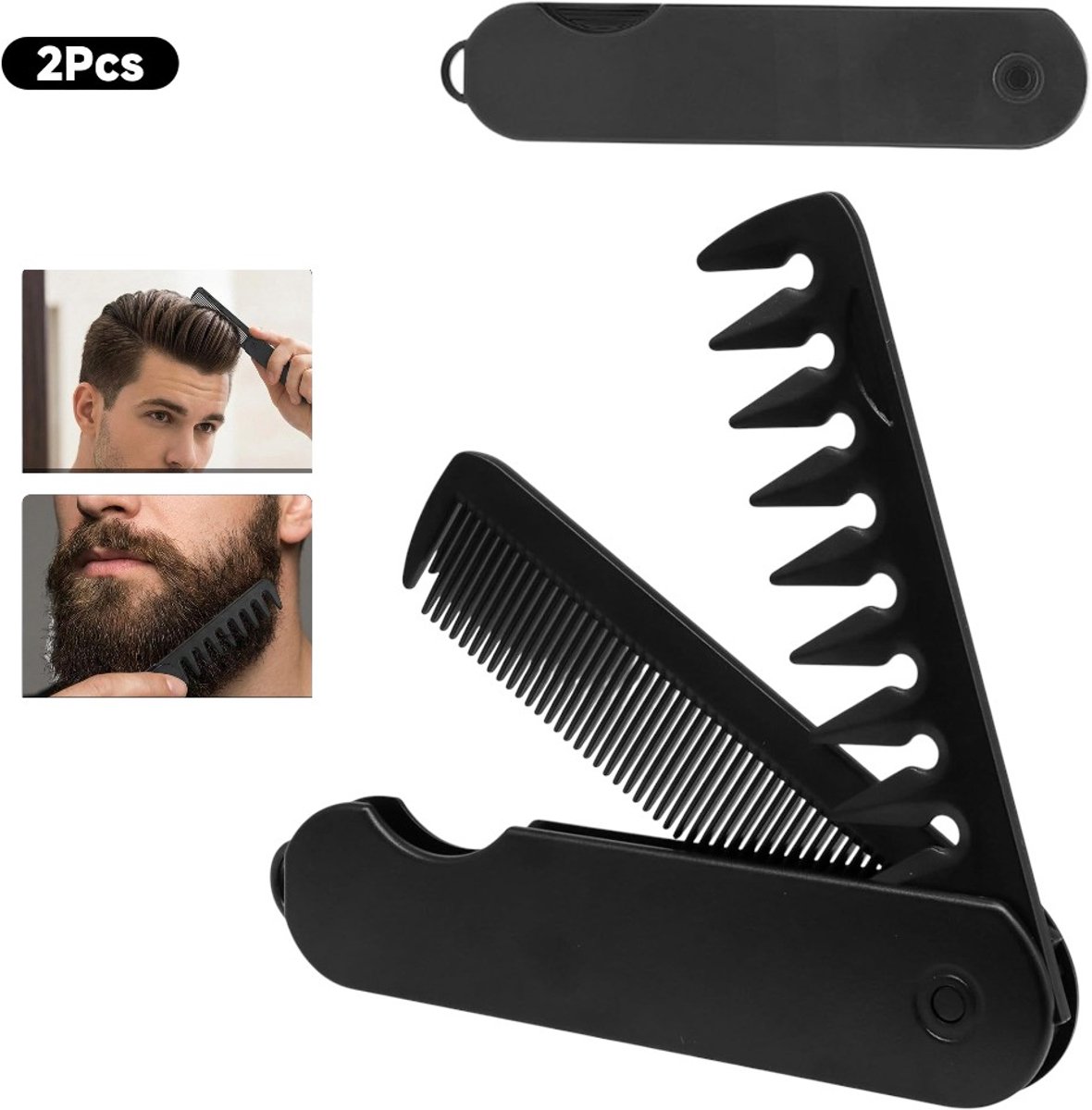 2-in-1 opvouwbare kam - Haarstylingkam - Opvouwbare kam met brede en fijne tanden - Compact en draagbaar - Geschikt voor het kammen van haar en baard - Zwart 22,8 cm (opgevouwen formaat: 13,4 cm)