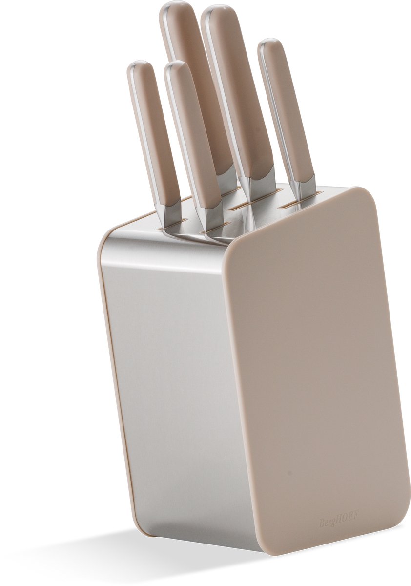 BergHOFF Home Elements Messenblok Set 6-delig – Koksmes, Vleesmes, Santoku, Kartelmes & Schilmes – Complete Messenset met Messenstandaard – Ergonomisch Handvat, Vaatwasbestendig & Roestvrijstale Messen – Sand