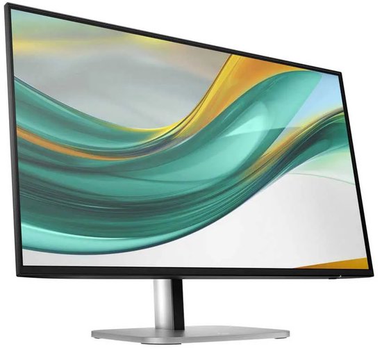 Schuine vooraanzicht van een zwarte monitor met een abstract patroon op het scherm.
