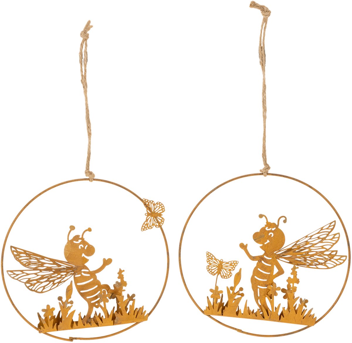 Decoratieve metalen bij, roestkleurige afwerking, tuindecoratie om op