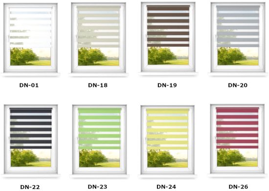 Acht opties voor dubbele rolgordijnen in verschillende kleuren.