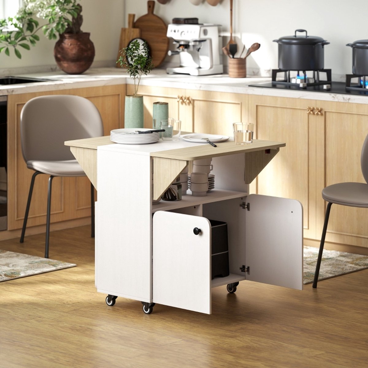 REDOM Klaptafel Met Opbergruimte En Wielen - Modern - Voor Keuken - Hout - Wit - 70 x 83 x 75 Cm White