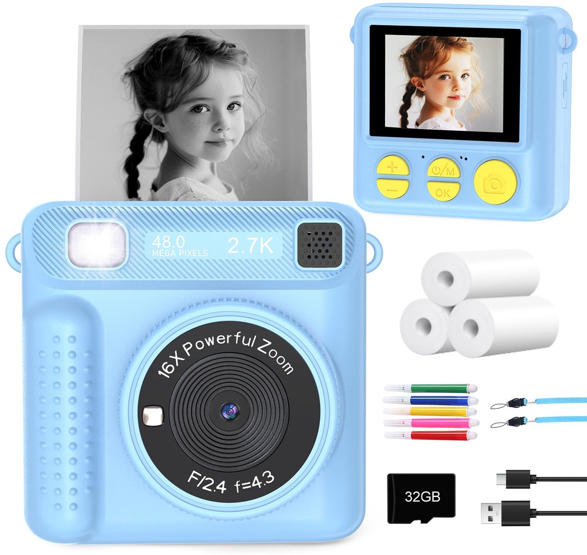 Instantcamera voor kinderen met 32 GB SD-kaart - Draagbare reiscamera voor peuters - Kerst- en verjaardagscadeaus voor meisjes en jongens - Blauw