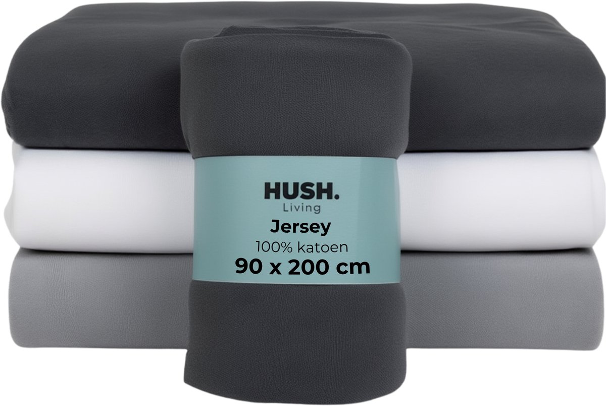 HUSH Living Hoeslaken jersey - 100% katoen - 160 grms - kreukvrij & strijkvrij - rekbaar - lekker warm - 90x200+30cm - antraciet