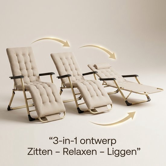 Ligstoel Tuin - Opvouwbare Verstelbare Tuinstoel - 3 Standen - Relaxstoel met Hoofdsteun - 120 kg Belasting - Beige van Golermo — afbeelding 4