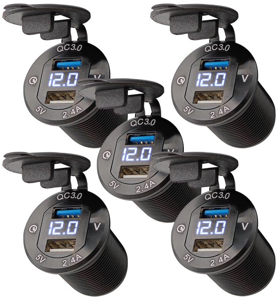 ProRide 12V USB Wandcontactdoos Inbouw - 2 USB Poorten - Voltmeter - 5V/2.4A - Blauw - Voor Auto Boot en Camper - 5 stuks