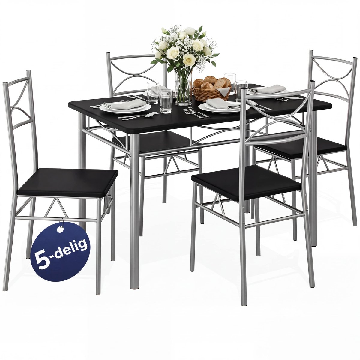 Casaria Eettafel Set 5 delige -Eettafel + 4 stoelen - Zwart