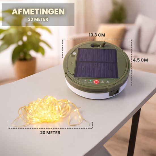Afmetingen campinglamp: 13,3 cm breed, 4,5 cm hoog. Lichtsnoer is 20 meter lang.