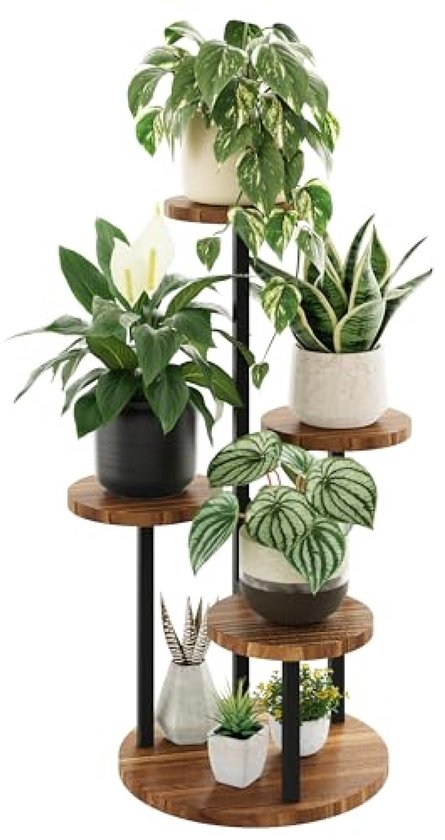 PromoHome Plantenstandaard voor hoek 4 niveaus - Houten plantenrek voor binnen - Metalen gelaagde plantentafel voor bloemen - Compacte plantenhouder voor raam, balkon, woonkamer