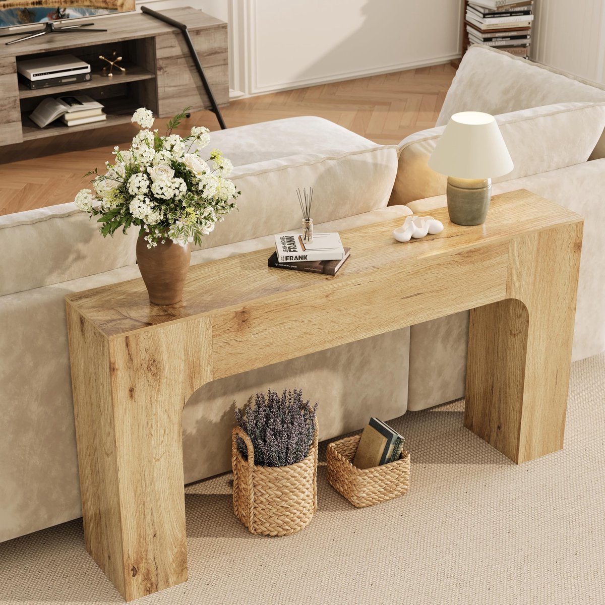 HOERFURIY Console van 160 cm lang, houten rechthoekige salontafel voor achter de bank, stevige landelijke haltafel voor de hal, gang of woonkamer, naturel Natuurlijk