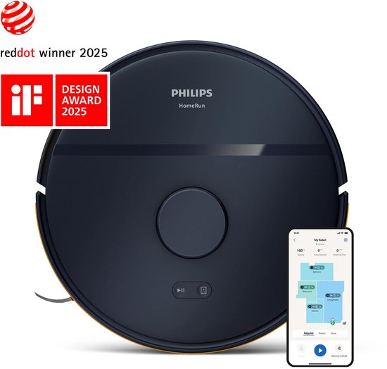 Philips HomeRun robotstofzuiger, donkerblauw, met Red Dot en iF Design Award 2025 logo