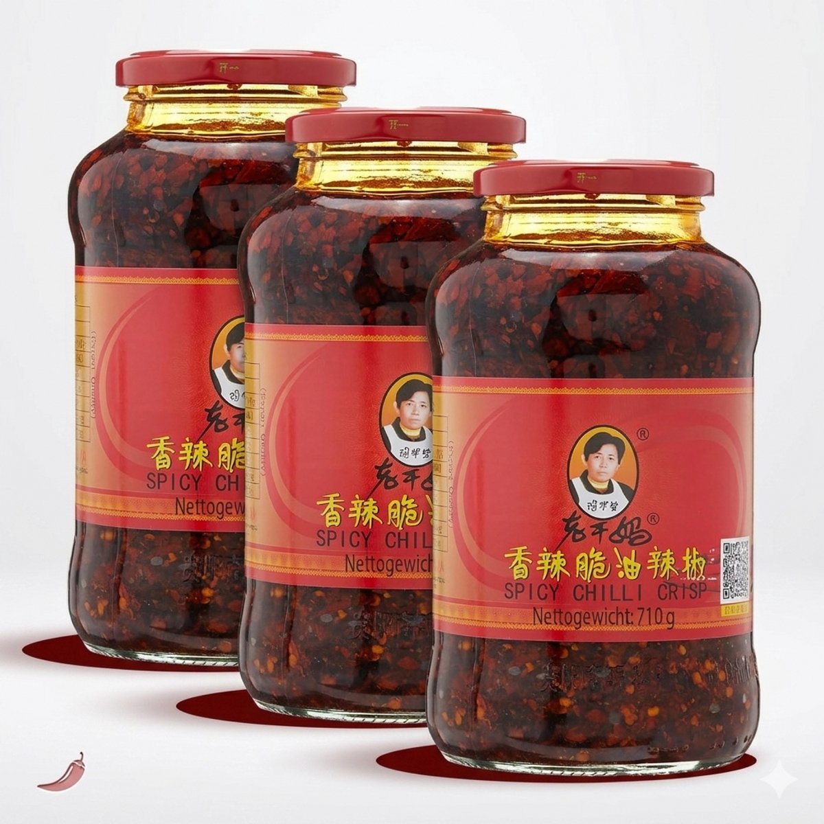 Lao Gan Ma Geroosterde Chilipasta 3 x 710 g – Knapperige chilipepers in olie, geroosterde chilivlokken met Szechuanpeper, chilisaus met gefermenteerde sojabonen, pittig en heet, veganistisch met kajalsticker