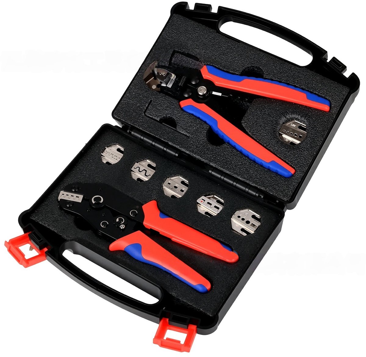carmdering - Krimptang Set - Kabelschoentang - Adereindhulzentang - Met automatische draadstripper en 6 matrijzensets - Voor kabelschoenen, adereindhulzen, vorken, stekkers, MC4 - Instelbare krimpdruk, ratelmechanisme - Incl. opbergkoffer - Blauw