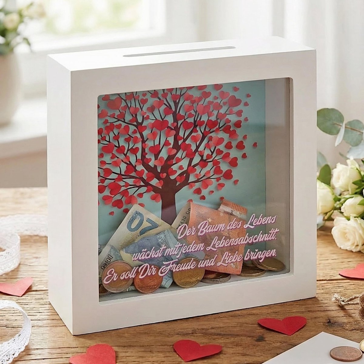 Dailygoods - Dailygoody - Spaarpot van Hout - Decoratieve Spaarlijst - Creatieve Gelddoos - Levensboom Wit - Geldgeschenken - Voor Bruiloft en Verjaardag