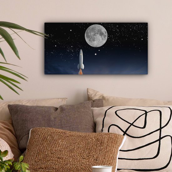 Tableau sur toile Un dessin de la navette spatiale et de la pleine lune - 40x20 cm - Décoration murale Art