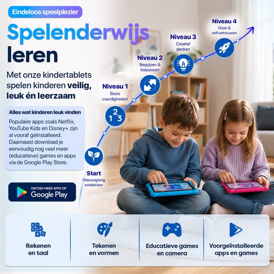 Kinderen leren en spelen op de AngelTech Kindertablet, met apps voor rekenen, tekenen en games.