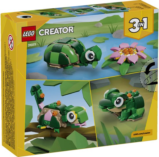 Doos van LEGO Creator 3in1. Toont een groene schildpad met waterlelie, een kameleon en een kikker.