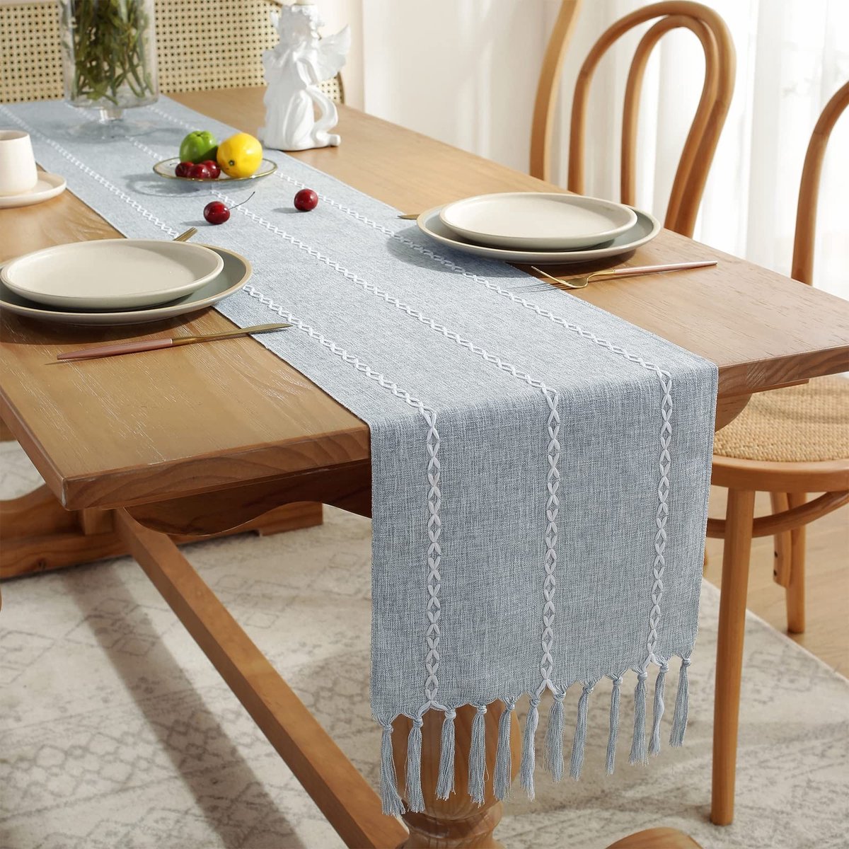 Dailygoods - Dailygoody - Katoenen Linnen Tafelloper - Tafelloper 150cm - Boerderijstijl - Stoffig Blauw - Perfect voor Dineren - Voor Feestdagen en Dagelijks Gebr