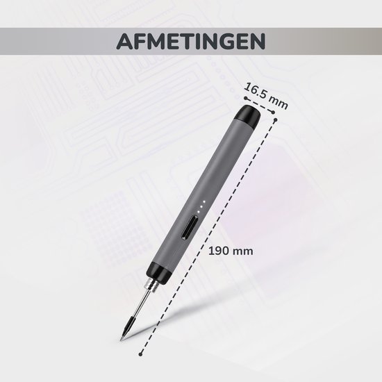 Afmetingen van de grijze soldeerbout: lengte 190 mm, diameter 16.5 mm.