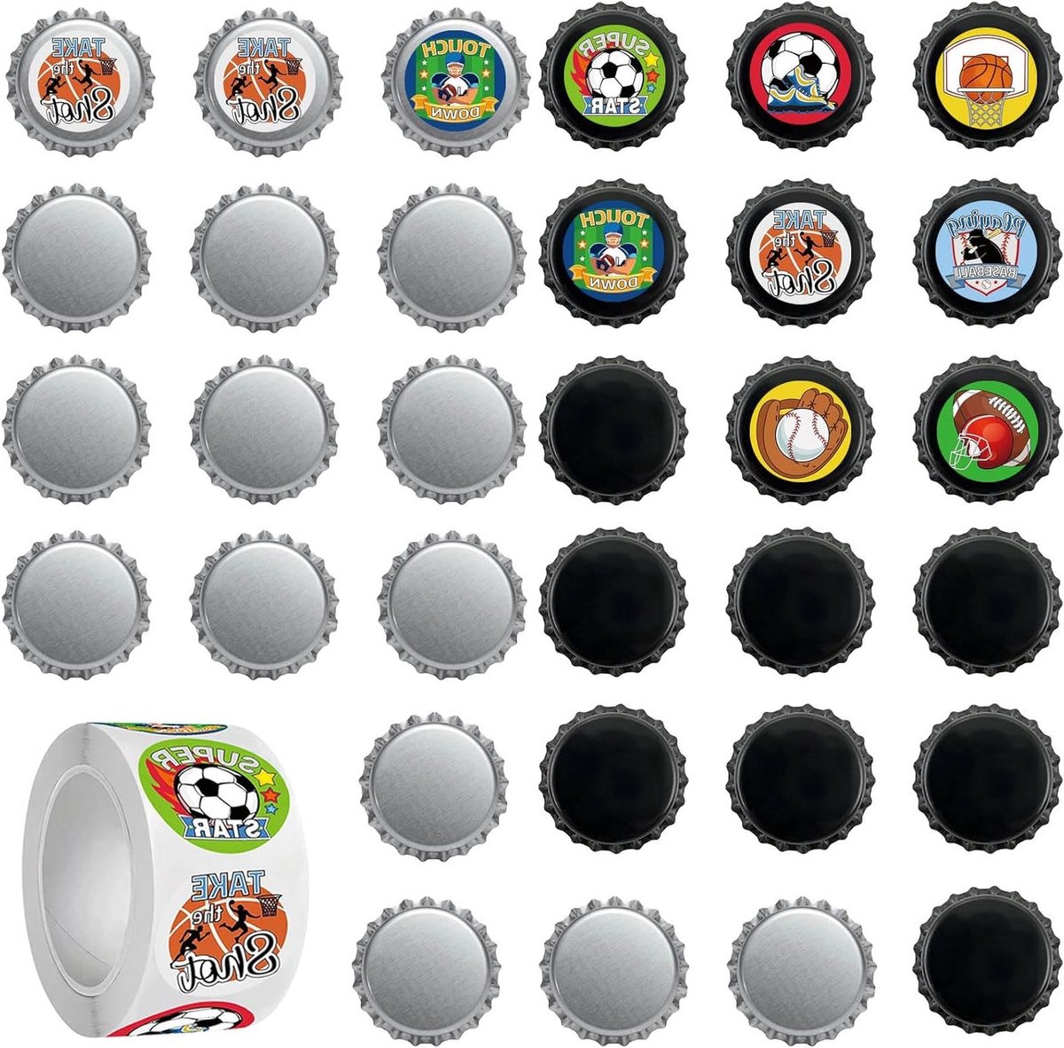 32 stuks kroonkurken voor bierflessen, glazen flessen en doe-het-zelf projecten met voetbalstickers, ideaal voor veilig afsluiten