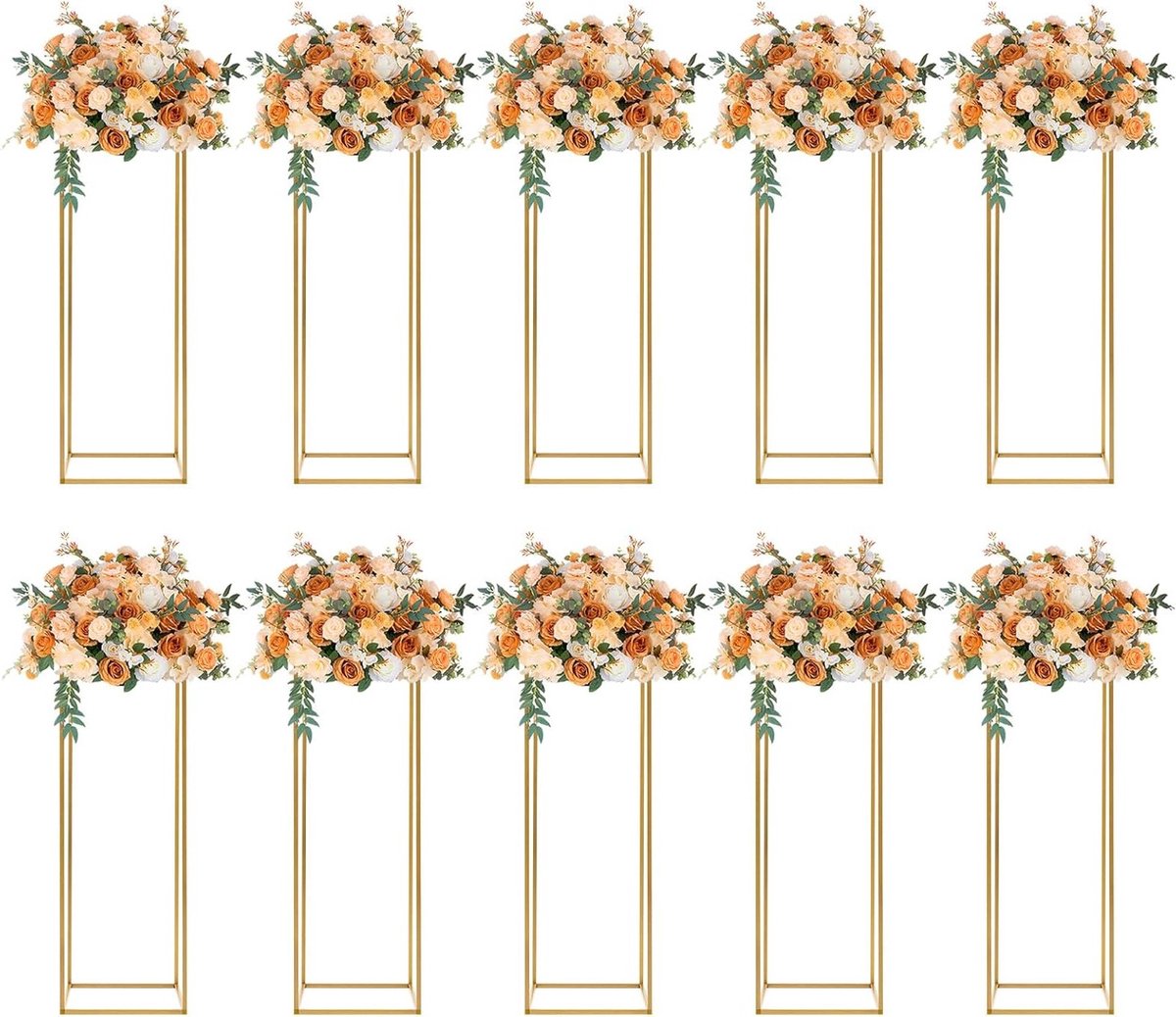Set van 10 Stuks Plantstands en Bloemhouders in Goud Metaal - Geometrische Vazen voor Bruiloften en Decoratie, 80 cm Hoog