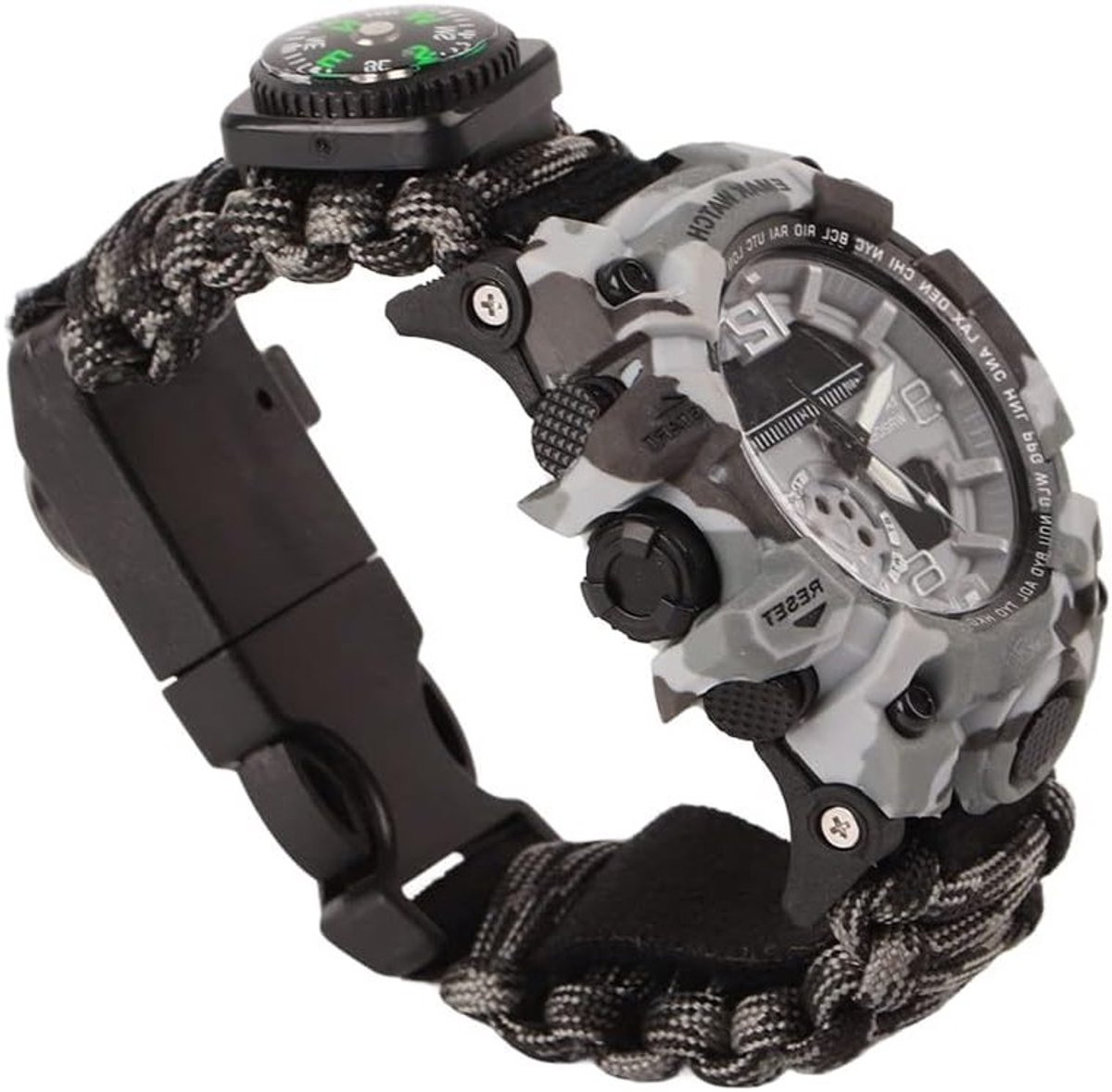 Multifunctionele Digitale Overlevingshorloge voor Outdoor Activiteiten met Kompas, Fluit en Paracord Bracelet