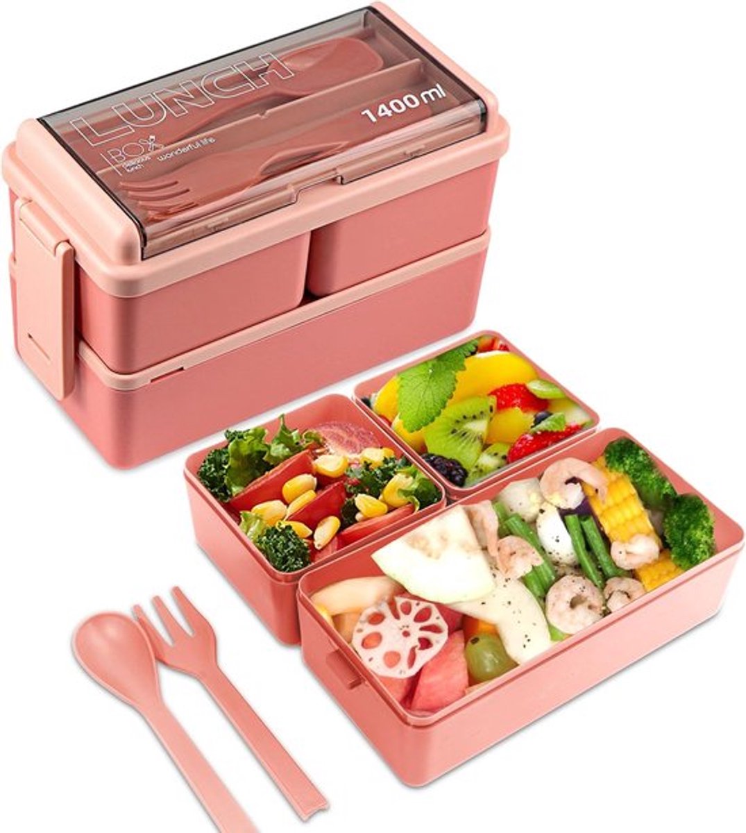 Roze - 2 lagen - Drie compartimenten - Alles-in-één stapelbare lunchbox - Lunchbox - Geschikt voor kinderen en volwassenen met bestekset, magnetron- en vaatwasserbestendig
