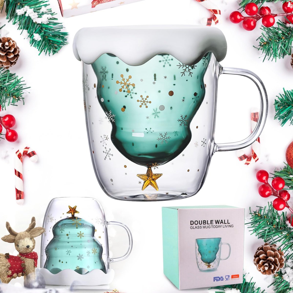 Dailygoody - Kerstmis Beker - Dubbelwandig Koffieglas - Perfect voor Thuisgebruik - Schattige Tassen - Herbruikbare Kerstbekers - 250 ml Inhoud - Gesc