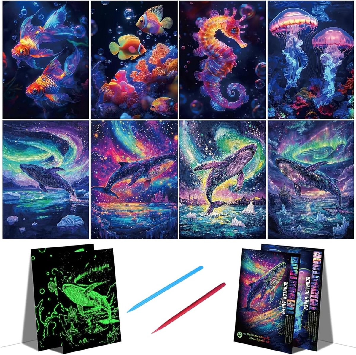 8 Stuks Volwassen Krabbelplaten met 2 Speciale Pennen - Creatieve DIY Knutselset voor Notitieboeken en Magische Regenboog Krabbelpapier