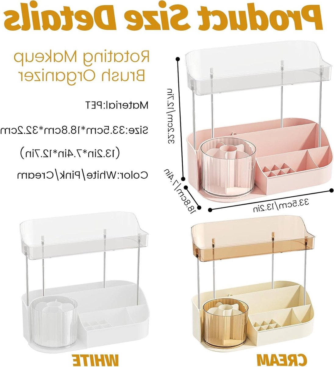 Grote Make-up Organizer met 360° Draaiende Borstelhouder en Opbergruimte voor Parfum en Huidverzorging - Ideaal voor Make-up Tafel en Badkamer (Roze)
