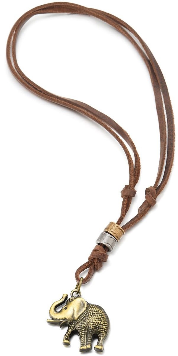 Dailygoods - Dailygoody - Vintage olifantenhanger - Dames halsketting - Verstelbare leren band - Bruin leer - Sieraden voor vrouwen - Uniek ontwerp