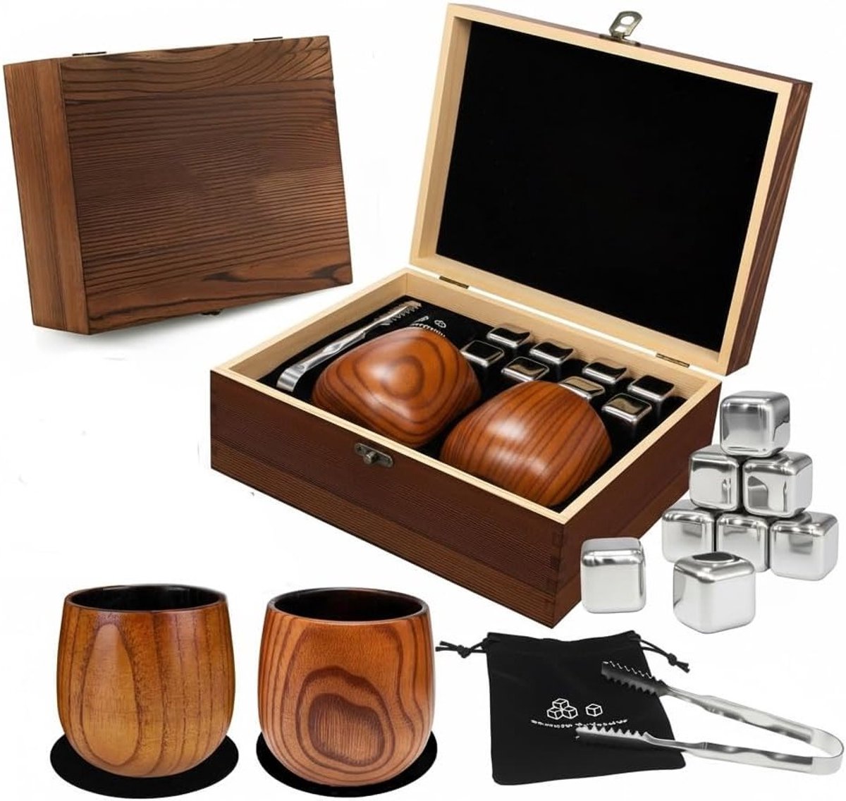 Handgemaakte whiskyglazen set voor mannen, verkoold houten drinkglas, onbreekbaar en geïsoleerd, perfect cadeau voor Vaderdag en whiskyliefhebbers