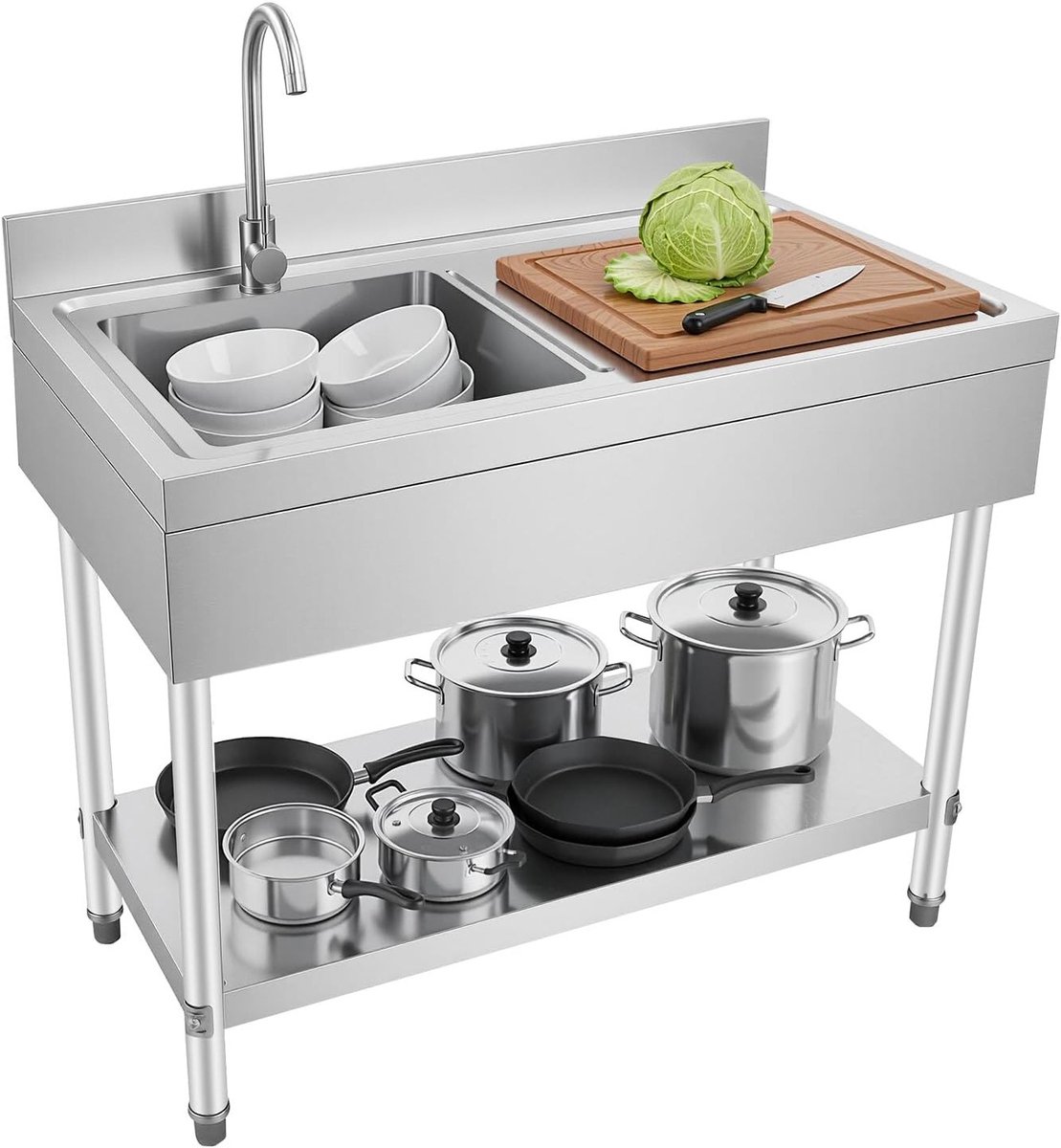 Roestvrijstalen spoelbak met verhoogde bodem en afvoergarnituur voor het wassen van fruit en groenten - 100 x 60 x 80 cm, ideaal voor keuken en horeca