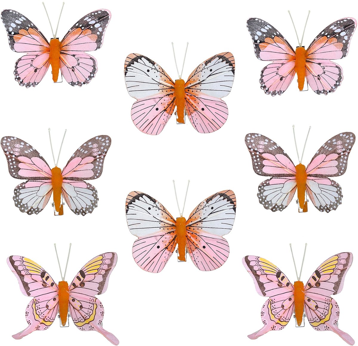 Dailygoods - Dailygoody - Decoratieve vlinders - Kleurrijke decoratie - Handgemaakt - Roze-oranje - Versiering voor thuis - 8-delige set
