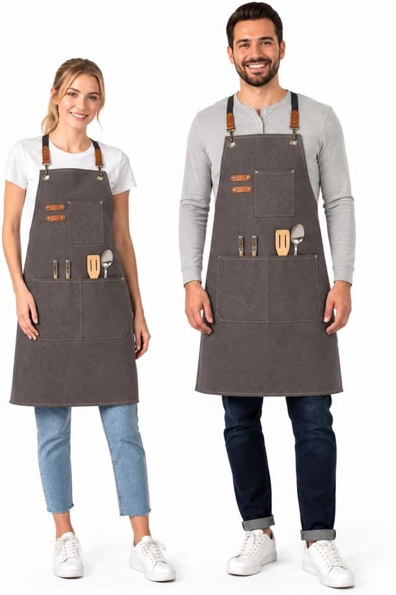 Canvas Schort met Verstelbare Schouderband en 3 Zakjes voor Koken, Tuinieren en Barbecue, Grijs, XXL, 68 x 85 cm