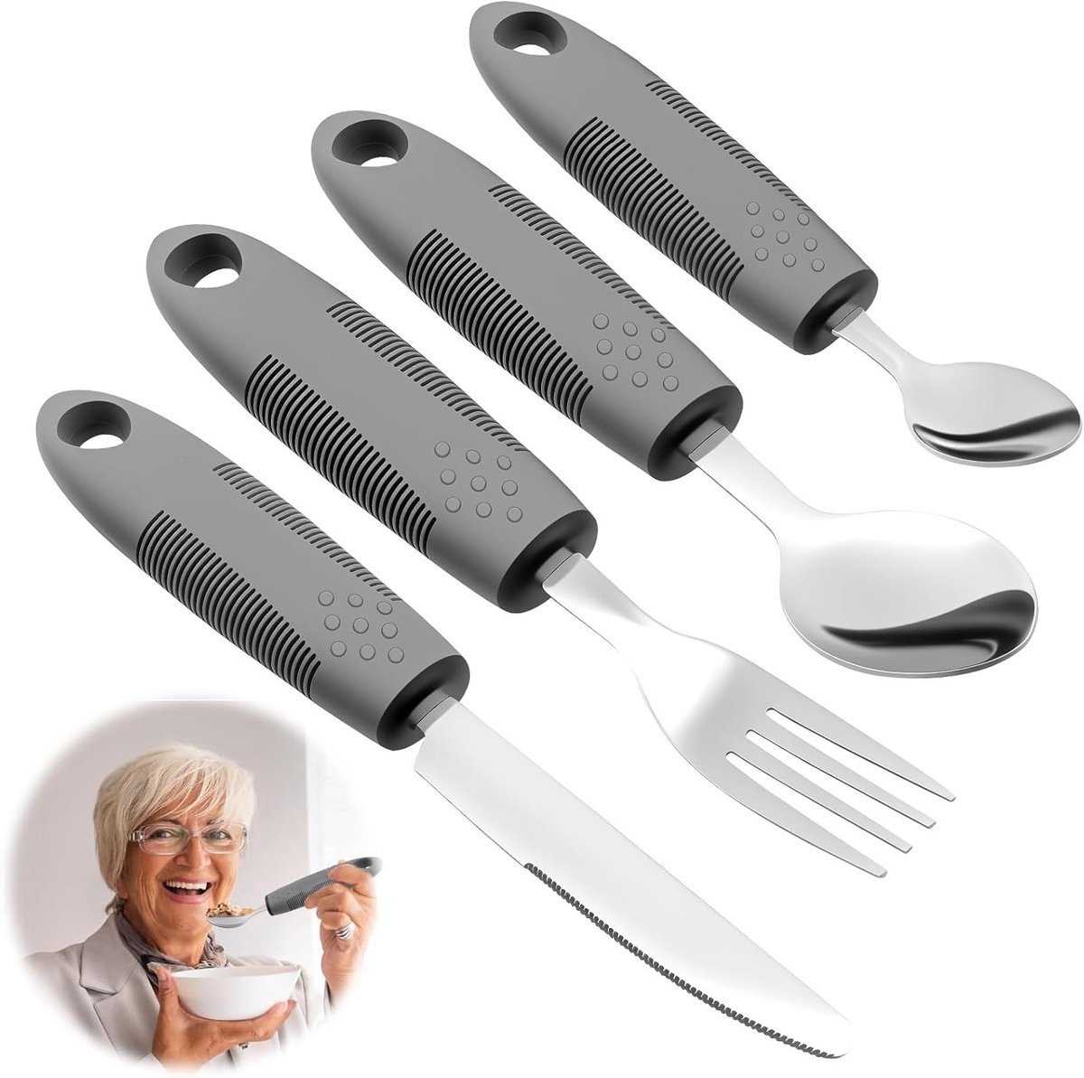 Ergonomisch Bestekset voor Senioren, Dikke Handgrepen, Geschikt voor Parkinson, Artritis en Tremoren, Makkelijk Vast te Houden, 4-delige Set