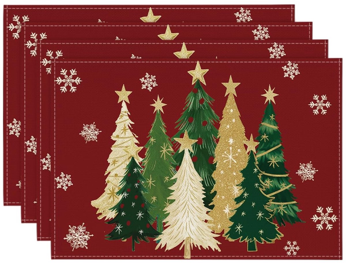 Dailygoods - Dailygoody - Rode Bomen Sneeuwvlokken Kerst Platzsets - 4-delig - 30x45cm - Wasbaar - Tafelset - Winter Decoratie - Geschikt voor Feestdagen