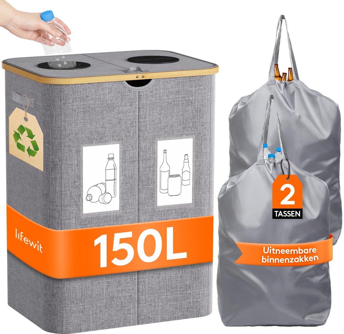 Dailygoods - Dailygoody - Flessenverzamelaar - Recyclebak - Groot 150 Liter - Lichtgrijs - Sorteercontainer - Perfect voor Keuken en Tuin - Duurzaam Design