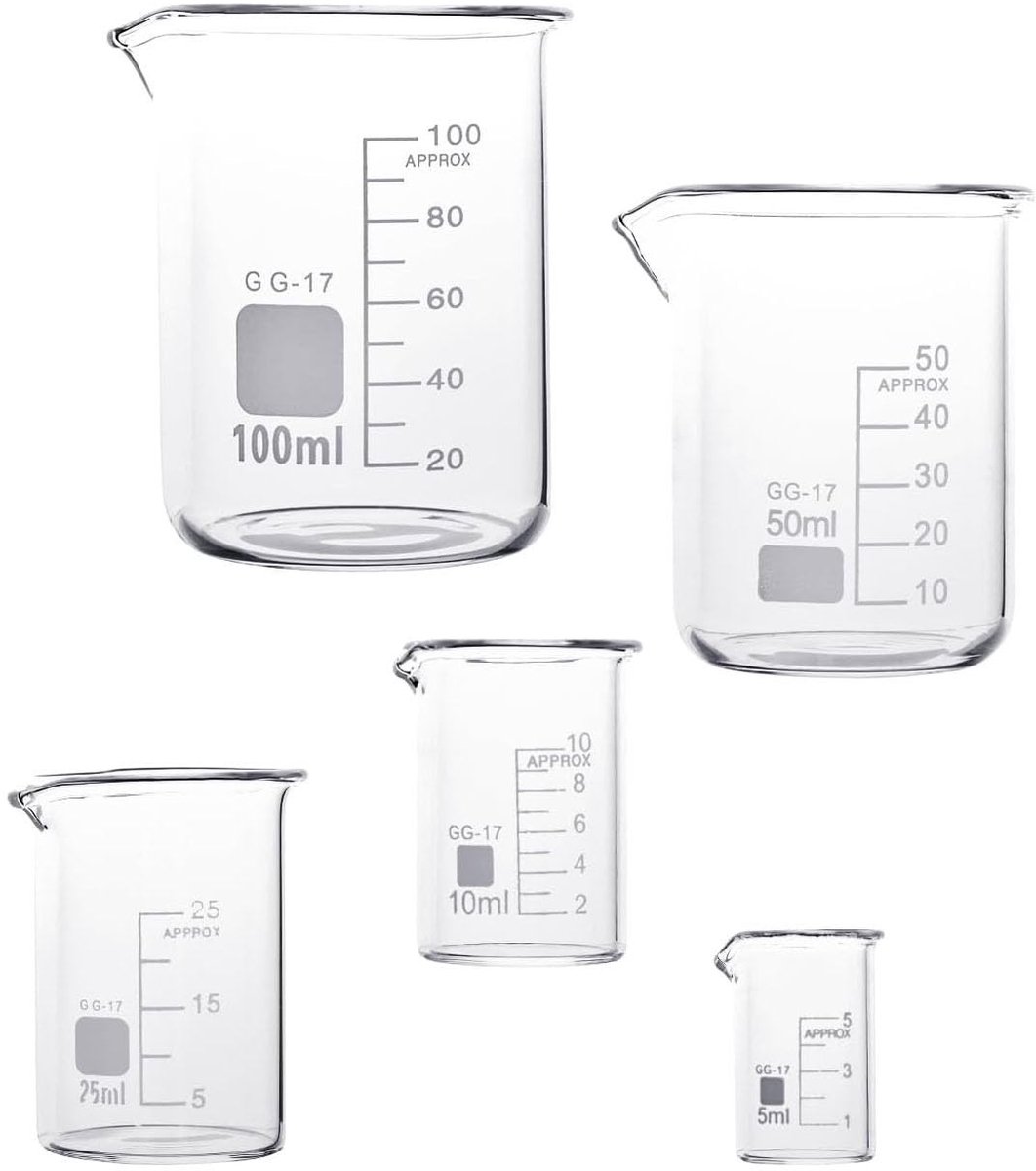 Dailygoods - Dailygoody - Set van 5 afgestelde maatbekers - Maatbekers glas - Hittebestendig - Borosilicaatglas - Laboratorium gebruik - 5 ml tot 100 ml