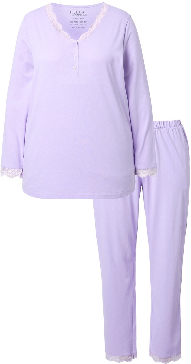 Ulla Popken Dames - Pyjama kant knopen V-hals lange mouwen - Zachtlavendel - Maat 42+